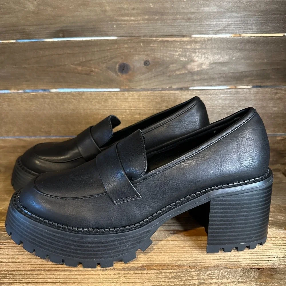 New Womens Mia Dalilah Black Faux Leather Platform Heeled Penny Loafers Size 9 M